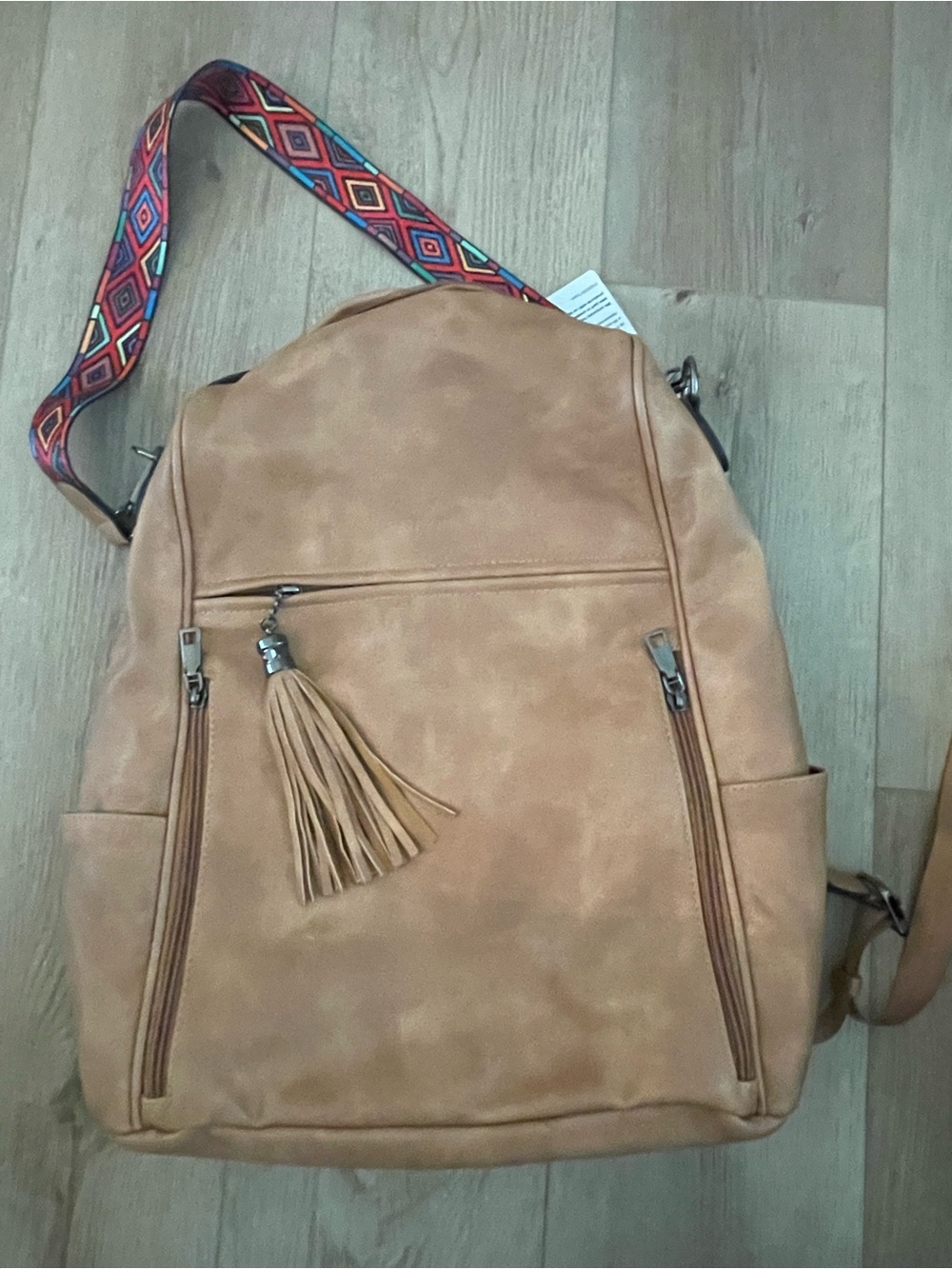 Women’s Tan Faux Leather Fadeon Backpack with Tassel Accent